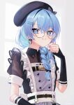  1girl absurdres beret black_bow black_gloves blue_eyes blue_hair bow braid buttons commentary_request double-breasted earrings elbow_gloves fingerless_gloves frills gloves hair_between_eyes hair_bow hair_ornament hairclip hand_up hat highres hololive hoshimachi_suisei hoshimachi_suisei_(maid) jewelry looking_at_viewer maid official_alternate_costume parallel_hairclips parted_lips round_eyewear short_sleeves side_braid smile upper_body virtual_youtuber yuuyu_(moco20111115) 