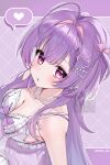  1girl ahoge bare_shoulders blush bow braid breasts cleavage dress frilled_dress frills from_above hair_intakes hair_ornament hair_ribbon hairclip hanasaki_biizu heart heart_hair_ornament highres indie_virtual_youtuber jewelry long_hair looking_at_viewer medium_breasts necklace parted_lips pearl_necklace purple_background purple_bow purple_dress purple_eyes purple_hair ribbon virtual_youtuber yuuyu_(moco20111115) 