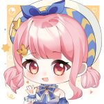  1girl bare_shoulders beret blue_bow blue_bowtie blue_choker blue_dress blue_gemstone blue_sleeves blue_wrist_cuffs blunt_bangs border bow bow_choker bowtie brooch brown_eyes bubble bubbly_voyage_(infinity_nikki) chibi choker collared_dress commentary cuchao_banli detached_sleeves dress eyelashes frilled_choker frilled_sleeves frilled_wrist_cuffs frills gem gradient_background hair_ornament hair_rings hairclip happy hat hat_bow hat_ornament heart hexagram highres infinity_nikki jewelry light_blush looking_at_viewer nikki_(nikki) nikki_(series) open_mouth outside_border pink_hair rabbit_hair_ornament short_hair_with_long_locks short_sleeves sidelocks smile solo star_(symbol) star_hat_ornament strapless strapless_dress symbol-only_commentary upper_body waving white_border white_hat wrist_cuffs yellow_background 