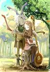  animal_ears artist_request blue_eyes bow_(weapon) brown_hair bunny_ears final_fantasy final_fantasy_tactics_advance hair_ornament hairclip long_hair lowres multiple_girls ritz_malheur rod shara smile tree viera weapon white_hair 