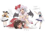  annoyed apron black_eyes blonde_hair bobby_socks bow braid brown_hair detached_sleeves fang hair_bow hakurei_reimu hand_up hat izayoi_sakuya kirisame_marisa large_bow long_hair looking_back looking_down lying maid multiple_girls nervous pinzu red_eyes remilia_scarlet short_hair side_braid silver_hair slit_pupils smirk socks touhou translated wings witch_hat wrist_cuffs you_gonna_get_raped 