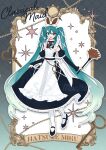  1girl absurdly_long_hair apron aqua_eyes aqua_hair aqua_nails black_dress blush character_name commentary_request detached_sleeves dress duster frilled_apron frills full_body hatsune_miku highres holding holding_duster long_hair maid maid_apron maid_headdress monitaros_393 open_mouth sleeveless sleeveless_dress smile solo very_long_hair vocaloid white_apron 