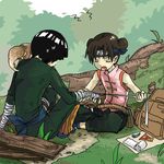  1girl animal animal_on_shoulder annoyed backpack bag bandaged_arm bandaged_hands bandages bare_arms belt black_hair bodysuit bowl_cut brown_hair closed_eyes day double_bun forehead_protector forest furrowed_eyebrows grass green_bodysuit indian_style konohagakure_symbol log lowres miyano_a naruto naruto_(series) nature ninja on_grass open_mouth outdoors pink_shirt rock_lee shiny shiny_hair shirt short_hair sitting squirrel sweat sweatdrop tenten 