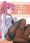  between_breasts blue_eyes blush boots breasts date_(senpen) large_breasts long_hair lyrical_nanoha mahou_shoujo_lyrical_nanoha_strikers military military_uniform necktie pantyhose pencil_skirt pink_hair ponytail signum sitting skirt solo tsab_ground_military_uniform uniform 