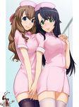  black_hair blood blue_eyes brown_hair green_eyes hayase_kouichi holding_hands kizaki_emi kujou_miu kurogane_no_linebarrel ldl long_hair multiple_girls nosebleed nurse thighhighs 