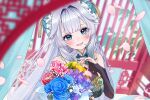  1girl aqua_nails bare_shoulders blue_eyes blue_flower blue_rose blunt_bangs blurry blurry_foreground blush bouquet breasts brooch bun_cover china_dress chinese_clothes detached_sleeves dress floating_hair flower grey_hair hair_intakes highres holding holding_bouquet jewelry lattice long_hair looking_at_viewer medium_breasts official_art petals razz_production rose ruru_koretto_perushifon smile sparkle virtual_youtuber yuuyu_(moco20111115) 