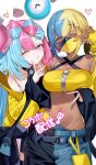  2girls bandeau bare_shoulders bellibolt black_mask blonde_hair blowing_kiss blue_eyes bow-shaped_hair breasts canari_(pokemon) character_hair_ornament criss-cross_halter criss-cross_straps dark-skinned_female dark_skin hair_ornament halterneck in-franchise_crossover iono_(pokemon) jacket large_breasts long_hair looking_at_viewer mask multicolored_hair multiple_girls navel pants pink_hair pokemon pokemon_legends:_z-a pokemon_sv short_twintails shuri_(84k) sleeves_past_wrists split-color_hair twintails two-tone_hair two-tone_mask two-tone_pants v v_over_eye wide_sleeves yellow_bandeau yellow_jacket yellow_mask 