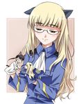  agahari animal_ears blonde_hair cat_ears character_doll doll extra_ears glasses hand_puppet light_smile long_hair military military_uniform perrine_h_clostermann puppet sakamoto_mio smile solo strike_witches tail uniform world_witches_series 