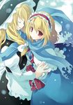  alice_margatroid blonde_hair closed_eyes hair_ribbon hairband hat kirisame_marisa mizuse_kiseki multiple_girls red_eyes ribbon scarf shared_scarf snow symmetrical_hand_pose touhou witch_hat 