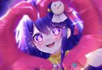  1girl absurdres blush commentary_request emphasis_lines hair_between_eyes hair_ornament hair_ribbon heart heart_hands highres hoshino_ai looking_at_viewer open_mouth oshi_no_ko pink_ribbon portrait purple_eyes purple_hair ribbon sidelocks smile sparkle star-shaped_pupils star_(symbol) star_hair_ornament swept_bangs symbol-shaped_pupils yuuyu_(moco20111115) 