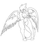  anthro avian beak big_breasts breast_grab breasts female looking_at_viewer navel nipples open_beak open_mouth plain_background pose pussy sazume solo white_background wide_hips wings winstar 