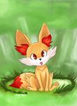  3_toes ambiguous_gender black_eyes black_nose canine chest_tuft fennec fennekin feral fluffy_tail forest fox fur grass hindpaw mammal nintendo orange_fur outside pawpads paws pok&#233;mon pok&eacute;mon red_eyes red_fur sitting solo tongue tongue_out tree tuft video_games white_fur zeta-haru 