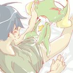  amphibian bed black_hair blonde_hair blush bottomless cowgirl_position cum drooling duo eyes_closed female frog fuyuki fuyuki_hinata green_body hair human keronian keroro male mammal on_top open_mouth saliva sex sgt._frog size_difference skin straddling straight tears unknown_artist 