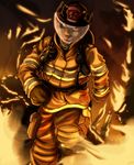  canine fire firefighter firefighter_boots firefighter_helmet firefighter_uniform fox-die gloves helmet male mammal solo uniform warm_colors wolf worker working 