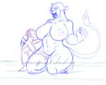  belly_buttom big_breasts breasts duo feline female human interspecies kneeling lion male mammal muscles muscular_female navel nipples nude open_mouth sex sitting size_difference sketch straight watermark weasselk 