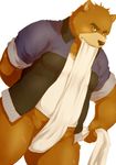  anthro bear blush bottomless brown_fur brown_nose chubby clothed clothing coat fundoshi fur grizzly_bear half-dressed jacket japanese_clothing juuichi juuichi_mikazuki kemono looking_at_viewer male mammal morenatsu nama overweight plain_background shirt tan_fur underwear white_background 