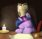  avian candle candlestick desk equine eyes_closed female feral friendship_is_magic hair horn horse inkwell mammal multi-colored_hair my_little_pony otakuap owl owlowiscious_(mlp) paper pony purple_hair quill sleeping twilight_sparkle_(mlp) unicorn wings 