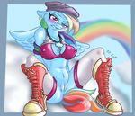  anthro anthrofied anus blue_fur blush bottomless bra breasts clitoris clothing cloud ear_piercing equine female friendship_is_magic fuf fur hair hat horse looking_at_viewer mammal multi-colored_hair my_little_pony navel necklace pegasus piercing pony pussy rainbow rainbow_dash_(mlp) rainbow_hair sitting solo spread_legs spreading underwear wings 