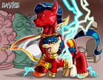  2012 billy_batson blue_hair brown_fur cape captain_marvel cutie_mark davide76 duo equine eyes_closed hair horse lightning male my_little_pony ponification pony red_fur shazam smile tan_fur 