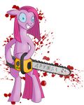  blood blood_splatter blue_eyes chainsaw equine female feral friendship_is_magic fur hair horse long_hair mammal my_little_pony open_mouth pink_fur pink_hair pinkamena_(mlp) pinkie_pie_(mlp) plain_background pony smile solo standing teeth transparent_background weapon xonxt 