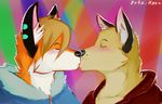  black_nose blue_markings brown_hair clothed clothing couple duo eyes_closed fur gay hair kissing lan male markings orange_fur plain_background rafael rainbow_background rave sweater tan_fur white_fur zeta-haru zipper 