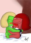  ambiguous_gender amphibian anthro bed blonde_hair blush duo eyes_closed frog giroro green_body hair hug keronian keroro making_out red_body red_hair saliva sgt._frog sitting tongue tongue_out unknown_species 