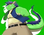  beat_you_(artist) belt biceps big_muscles blue_hair chinese_dragon chubby clothing dragon green_background green_dragon green_eyes hair horn jacket looking_at_viewer male morenatsu musclegut muscles pants pecs plain_background smile solo tatsuki 