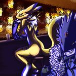  bar beelzemon blue_eyes butt canine chest_tuft digimon digimon_tamers elbow_gloves female fox fur gloves male mammal red_eyes renamon renamonximpmon sitting tuft 