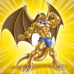  3_toes abs anthro belt biceps big_muscles blue_eyes brown_hair brown_skin bulge claws clothing draco_of_zeradaith dragon fangs flexing geminisaint grin hair horn looking_at_viewer male muscles necklace nipples open_mouth pecs plain_background pose reptile scales scalie shorts smile solo standing teeth toe_claws toned tongue topless vein wings yellow_background yellow_dragon 