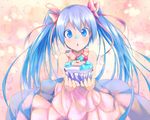  bad_id bad_pixiv_id blue_eyes blue_hair cherry dress food food_on_face fruit hair_ribbon hatsune_miku long_hair magenta_(atyana) open_mouth ribbon solo twintails vocaloid 