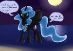  astarothathros black_fur blue_hair cutie_mark dialog english_text equine female feral friendship_is_magic fur goattrain green_eyes hair horn horse long_hair mammal moon my_little_pony night nightmare_moon_(mlp) pony royalty solo text water winged_unicorn wings 