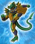  abs anthro armor biceps brown_skin bulge claws fangs geminisaint green_skin horn male muscles open_mouth pecs pose reptile scales scalie solo standing teeth toe_claws tongue 