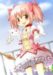  :3 :d absurdres animal animal_on_shoulder blush bow_(weapon) choker dutch_angle gloves hair_ribbon highres hoop kaname_madoka kyubey looking_at_viewer mahou_shoujo_madoka_magica official_style open_mouth pink_eyes pink_hair red_eyes ribbon ribbon_choker smile soul_gem tsubaki_(tatajd) twintails weapon 