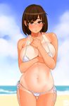  areola_slip areolae bare_shoulders beach bikini blush breasts brown_eyes brown_hair cloud day glasses highres hips large_breasts looking_at_viewer navel ocean one-piece_tan original outdoors short_hair side-tie_bikini sky solo swimsuit tan tanline thigh_gap water wet zonda_(solid_air) 