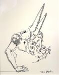 1boy 1other absurdres animal_ears araki_hirohiko compound_eyes curly_hair dirty_deeds_done_dirt_cheap english_commentary fake_animal_ears funny_valentine greyscale highres index_finger_raised jojo_no_kimyou_na_bouken long_hair mask monochrome mouth_mask official_art rabbit_ears second-party_source sketch steel_ball_run traditional_media 