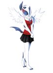 absol angeliqua_belle anthro black_skin breasts clothed clothing female fur hair_over_eyes horn jewelry looking_at_viewer mega_absol mega_evolution necklace nintendo pok&eacute;mon red_eyes skirt smile solo video_games white_fur wings winter-wanderer 