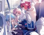  3boys ahoge bag black_pants blue_eyes blue_hair blue_necktie colon_(stpri) earphones hair_between_eyes highres holding holding_bag holding_phone holding_pole jacket looking_at_another lower_teeth_only male_focus multiple_boys necktie open_mouth pants phone pink_hair pink_necktie pole purple_eyes red_hair rinu_(stpri) satomi_(stpri) school_uniform short_hair shoulder_bag sitting smile strawberry_prince subway teeth trm310560 vehicle_interior white_jacket 