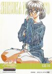  1990s_(style) 1girl black-framed_eyewear brown_eyes brown_hair character_name company_name copyright_name copyright_notice graduation_(series) long_hair long_sleeves looking_at_viewer nakamoto_shizuka non-web_source official_art open_clothes open_shirt panties parted_lips polka_dot polka_dot_panties retro_artstyle scan semi-rimless_eyewear sitting smile solo sotsugyou_graduation takei_masaki unbuttoned unbuttoned_shirt underwear wariza 