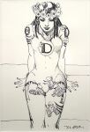  1girl 4others absurdres araki_hirohiko arm_tattoo armlet bare_legs breasts brooch covered_navel dragona_joestar dreadlocks english_commentary flower_wreath futa_without_pussy futanari greyscale hatching_(texture) head_wreath highres jewelry jojo_no_kimyou_na_bouken jumpsuit looking_down medium_breasts monochrome multiple_others non-humanoid_robot official_art robot second-party_source sitting sketch smooth_operators solo stand_(jojo) tattoo the_jojolands torn_clothes traditional_media 