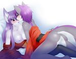  ayumi bed black_nose blush breasts butt canine clothed clothing duo female fox hair japanese_clothing jess_(teckly) kimono lesbian mammal nipples purple_eyes purple_hair purple_nose skimpy steel_tigerwolf wolf 