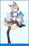  1girl animal_ears bare_shoulders black_boots black_shorts blue_eyes boots breasts collared_shirt commission crop_top dog_ears dog_tail extra_ears gloves grey_hair hand_up indie_virtual_youtuber inuzuki_ren jacket long_sleeves looking_at_viewer medium_breasts midriff navel off_shoulder open_clothes open_jacket open_mouth puffy_long_sleeves puffy_sleeves shirt short_hair short_shorts shorts single_glove single_thighhigh skeb_commission sleeveless sleeveless_shirt smile solo stomach tail thighhighs two-tone_shirt uminokaisen virtual_youtuber white_jacket 