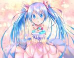  :3 blue_eyes blue_hair cherry dress food food_on_face fruit hair_ribbon hatsune_miku long_hair magenta_(atyana) open_mouth ribbon solo twintails vocaloid 