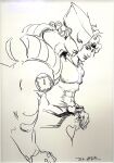  1boy 1other abs absurdres araki_hirohiko cloak dio_brando english_commentary greyscale hand_on_own_hip hatching_(texture) headband heart_ornament helmet highres jojo_no_kimyou_na_bouken monochrome official_art pectorals second-party_source stand_(jojo) stardust_crusaders the_world topless_male traditional_media 