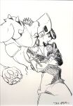  1boy 1other absurdres araki_hirohiko brooch crazy_diamond crossed_arms diamond_wa_kudakenai english_commentary gakuran grey_background hatching_(texture) heart heart_brooch higashikata_josuke high_collar highres jewelry jojo_no_kimyou_na_bouken long_coat monochrome official_art peace_symbol pompadour school_uniform second-party_source sketch spikes stand_(jojo) traditional_media tube 