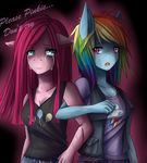  anthro anthrofied blood blue_eyes chiakitasso clothing crying dialog duo english_text equine female friendship_is_magic hair horse mammal multi-colored_hair my_little_pony pink_hair pinkamena_(mlp) pinkie_pie_(mlp) pony purple_eyes rainbow_dash_(mlp) rainbow_hair shirt standing straight_hair tank_top tears text vest 