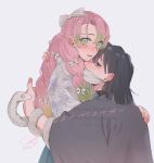  1boy 1girl arm_around_back bandaged_head bandages bandages_over_mouth black_hair black_jacket blunt_bangs blunt_ends blush bow braid couple earrings floral_print gradient_hair green_eyes green_hair grey_eyes hair_between_eyes hair_bow hand_on_another&#039;s_shoulder hetero highres iguro_obanai jacket jewelry kanroji_mitsuri kimetsu_no_yaiba long_hair looking_at_viewer medium_hair mole mole_under_each_eye mole_under_eye multicolored_hair multiple_braids multiple_moles parted_bangs pearl_earrings pink_eyes pink_hair pleated_skirt print_shirt ray_3655 ship_name shirt skirt slit_pupils snake upper_body veil white_bow white_veil 