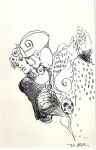  1boy 1other araki_hirohiko cleavage_cutout clothing_cutout compound_eyes english_commentary giorno_giovanna gold_experience greyscale high_collar highres jojo_no_kimyou_na_bouken ladybug_ornament long_sleeves looking_to_the_side monochrome official_art second-party_source sketch stand_(jojo) traditional_media vento_aureo victory_rolls wing_ornament 