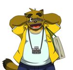  bag camera chubby clothing happy kounosuke male morenatsu one_eye_closed pants plain_background shirt solo tanuki unknown_artist white_background 