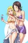  arm_around_neck bikini bikini_skirt blonde_hair blue_eyes blush breasts brown_eyes brown_hair christa_renz cleavage cocktail_umbrella drink grin hair_ribbon hot_dog medium_breasts multiple_girls navel ponytail ribbon sarong shingeki_no_kyojin smile swimsuit tropical_drink white_sarong ymir_(shingeki_no_kyojin) yuzuki_n_dash 