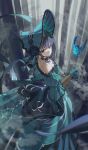  1girl absurdres bare_shoulders bird black_eyes black_hair bonnet breasts brown_gloves choker cleavage dress elbow_gloves fate/grand_order fate_(series) frills gloves grey_dress grey_hat hat highres jewelry kuonji_alice kuonji_alice_(third_ascension) light_(nightty45) looking_at_viewer lost_robin_rondo mahou_tsukai_no_yoru medium_breasts off_shoulder pendant puffy_short_sleeves puffy_sleeves short_hair short_sleeves silver_trim wrist_cuffs 